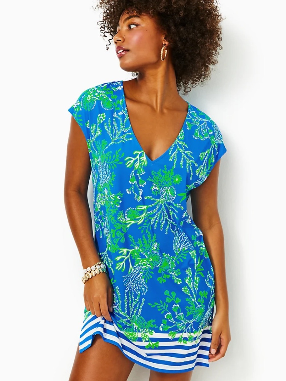 Lilly Pulitzer Talli V neck cover up dress in a blue coastal print stripes sz M